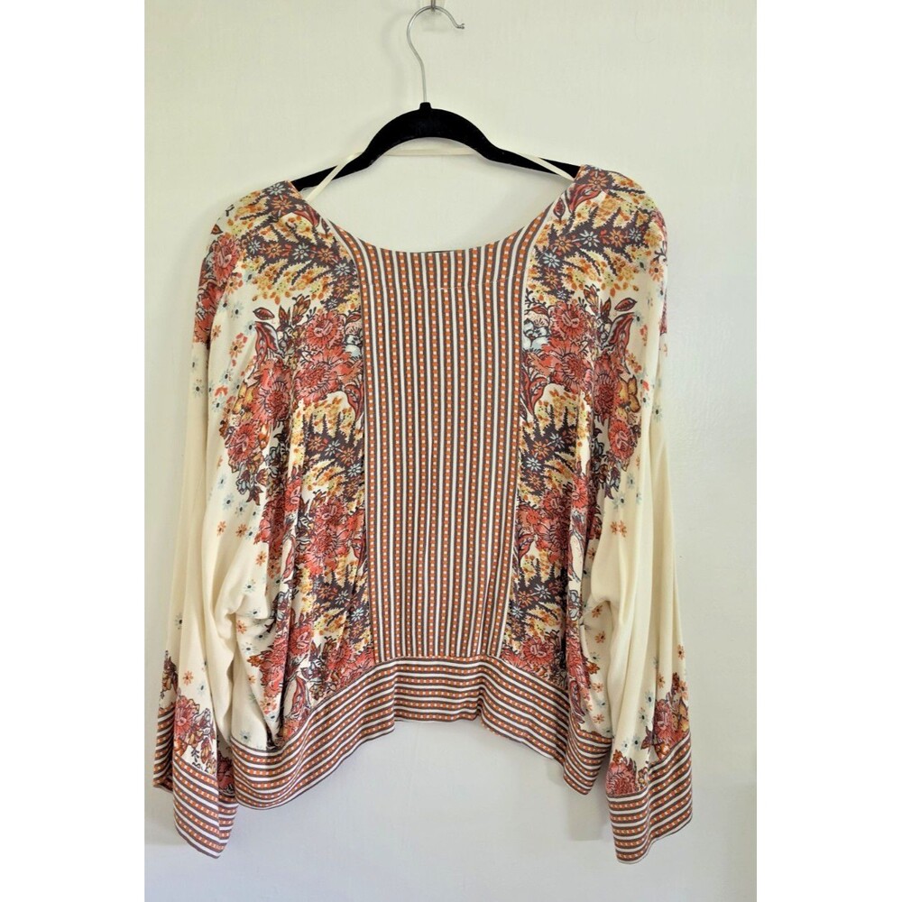 Free People Boho Floral Striped V-Neck Cropped Comfy Festival Blouse Top Sz M